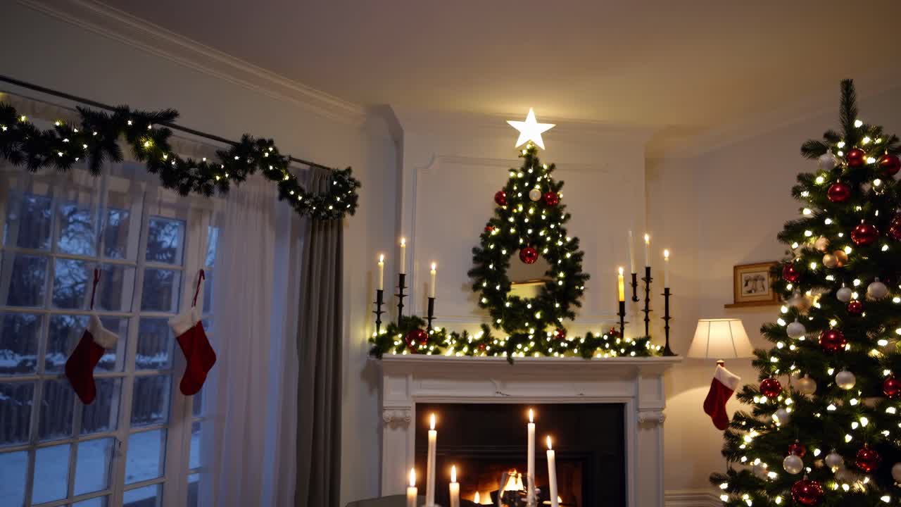 Cozy Christmas living room with festive decor, shot from a wide-angle