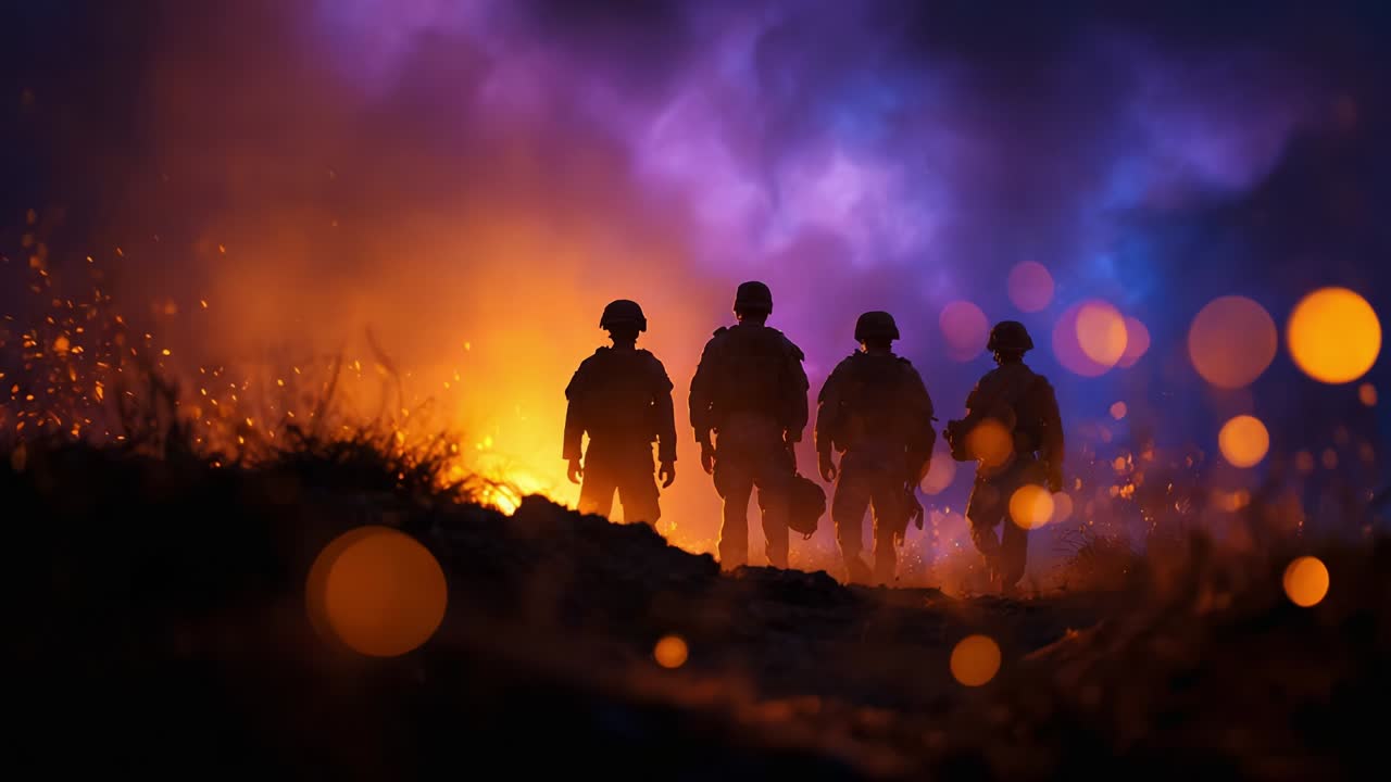 A powerful representation of military resilience and unity as four soldiers stand silhouetted against a fiery and colorful backdrop, embodying courage and determination in the face of adversity and chaos