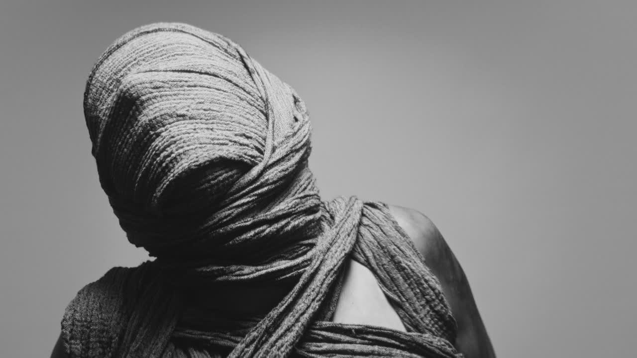 A mummified woman against the bright background moves erratically