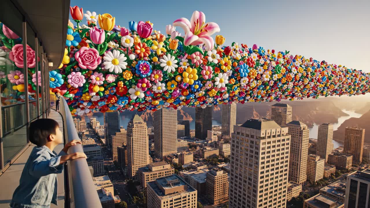 Boy on Balcony Overlooking Cityscape with Flower Decorations