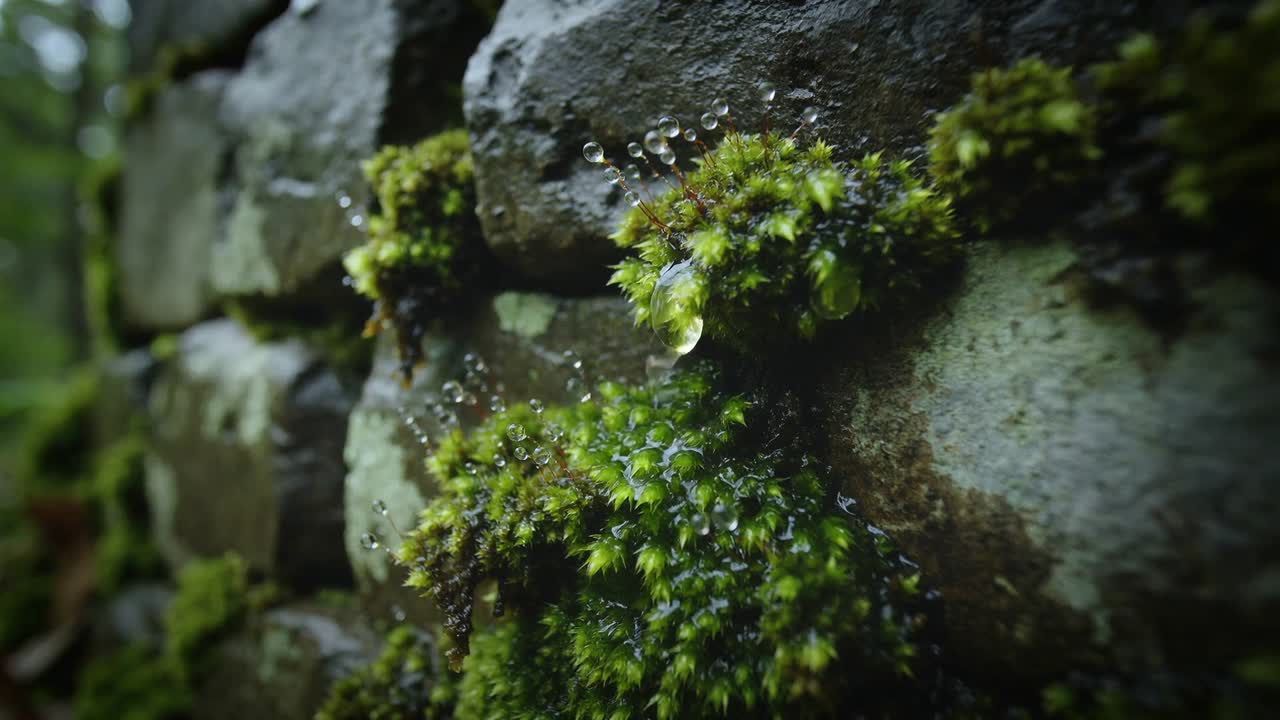 Pioggerella leggera che cade, fitti ciuffi di muschio verde raccolgono e rilasciano goccioline d'acqua su un muro di pietra.