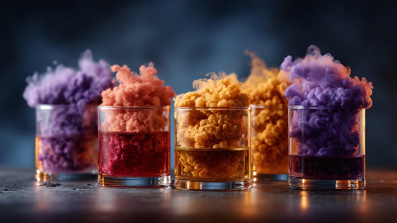 Colori esplosivi: un'affascinante esposizione di nuvole liquide e vivaci in bicchieri: uno straordinario viaggio visivo attraverso nebbie e tonalità giocose