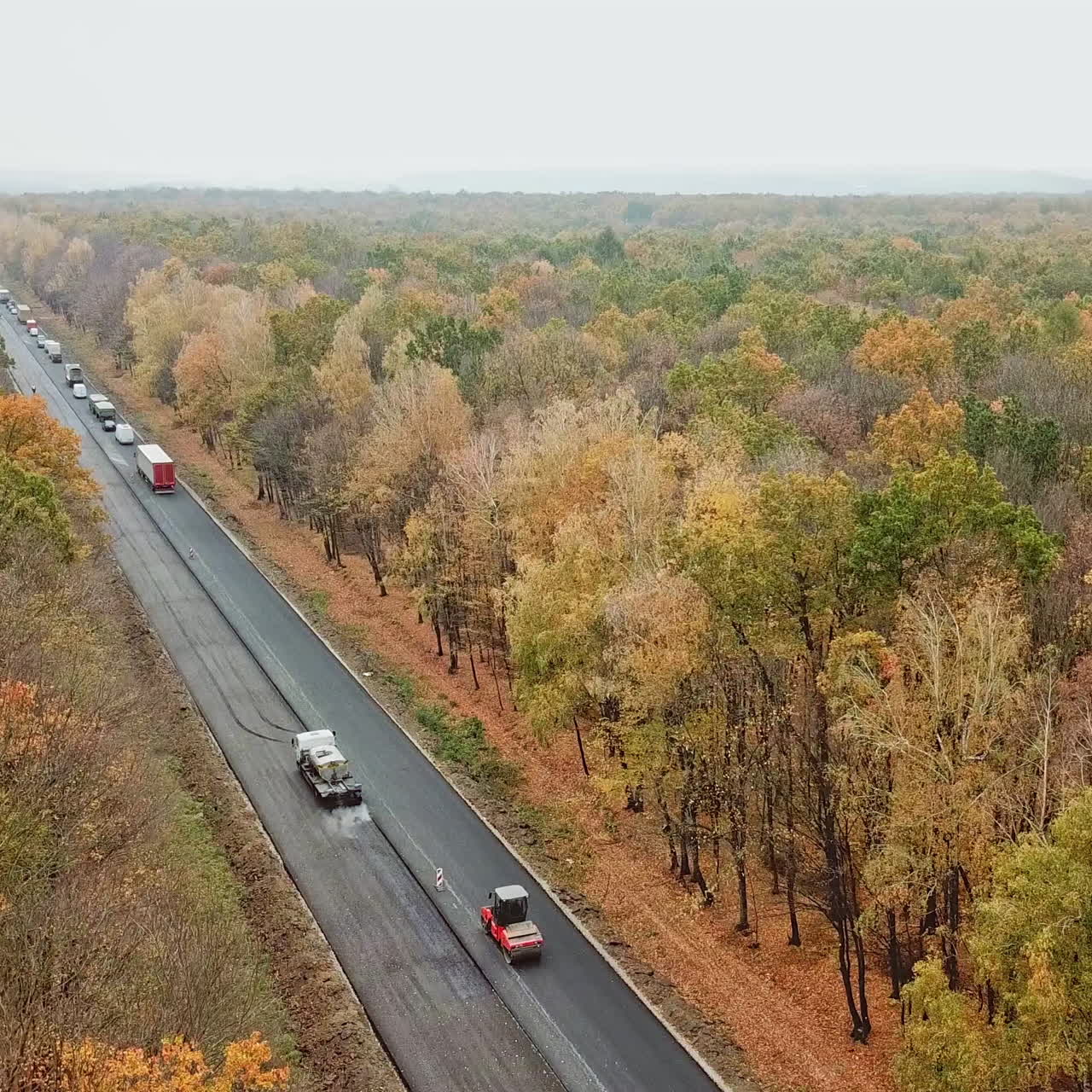 Aerial view of asphalt road in the forest. Cars moving in one side on road among autumn trees. Road trip through fall forest.