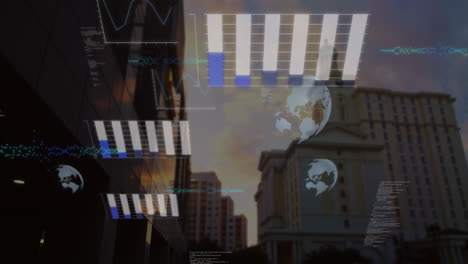 animación del procesamiento de datos financieros sobre el paisaje urbano