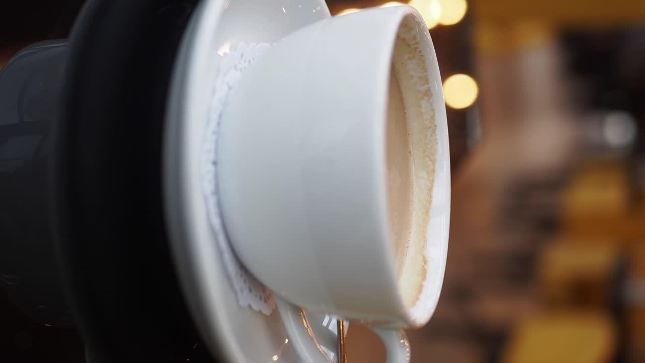 primer plano de una taza de café blanca llena de líquido marrón, con un fondo borroso del interior de un café