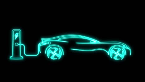 animation of electric car connected to electric charger. car of the future, modern designer and neon light. car charging battery at electric charging station. future concept, technology, battery powered