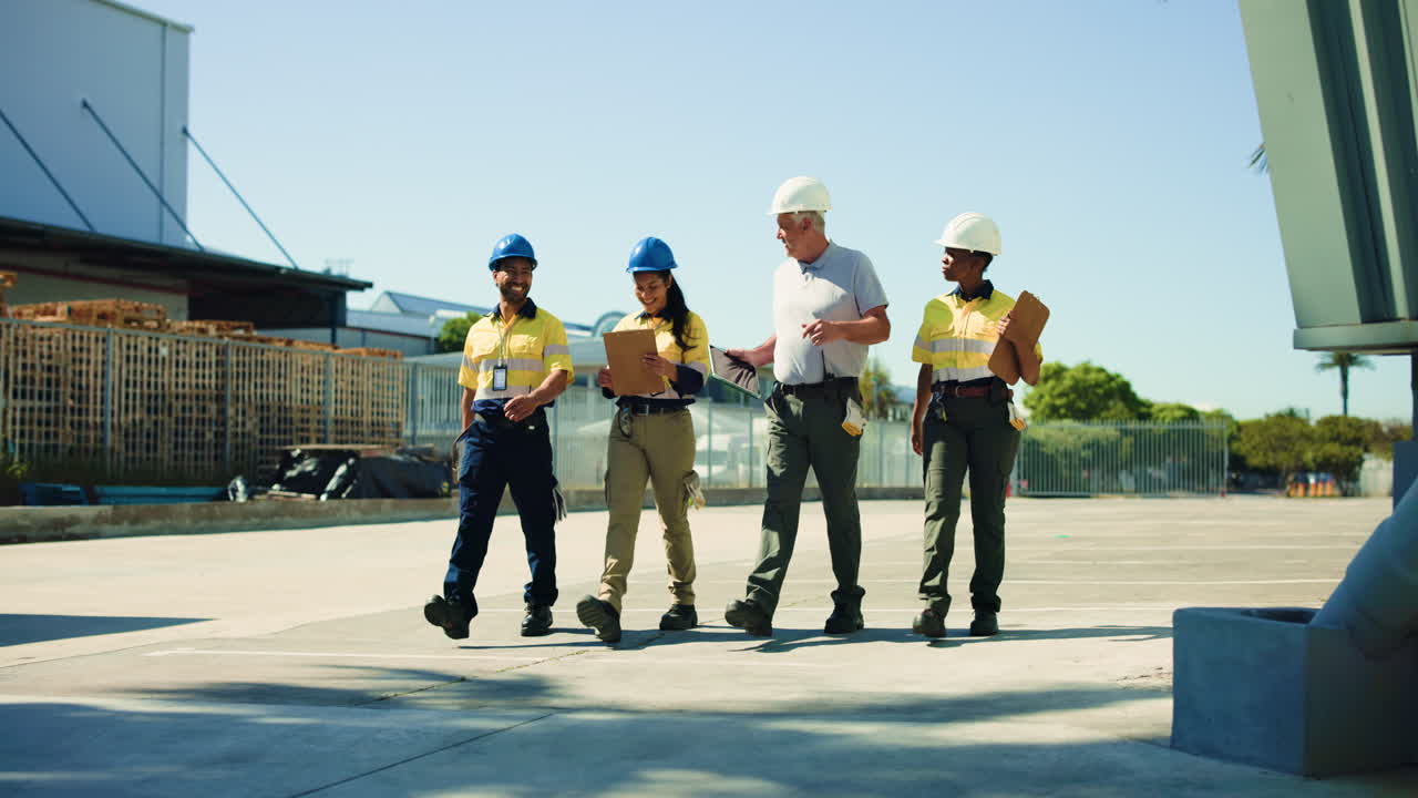 Diverse Team of Industrial Workers Walking and Discussing on Site