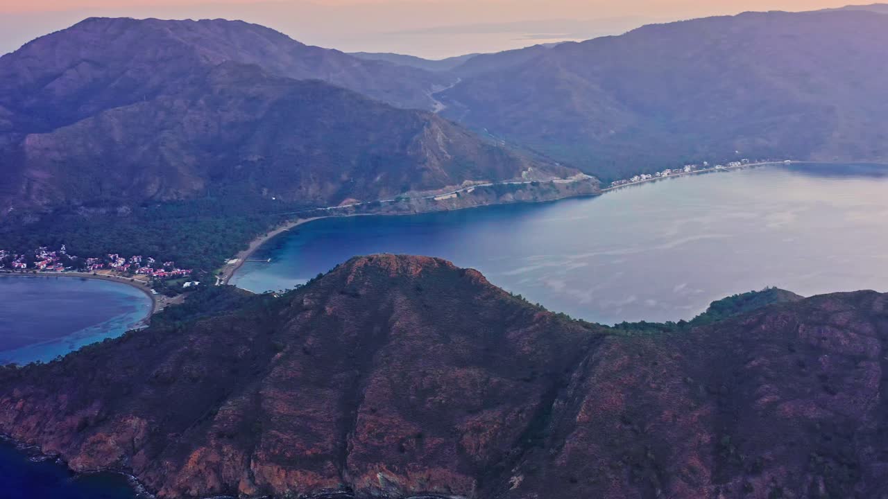 Aktur resort village among mountains and bays at morning dawn, Aegean Turkey