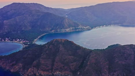 aktur resort village among mountains and bays at morning dawn, aegean turkey