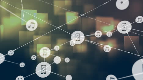 network of connected devices and music icons animation over blurred background