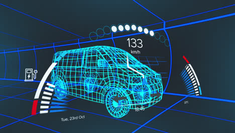 animation of car interface over digital van model on black background