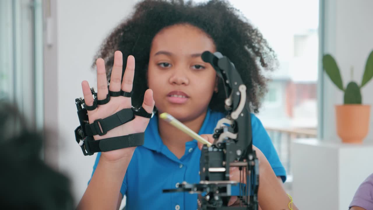 African black teenager students learning about robotic arm school, Technology and Innovation concept.