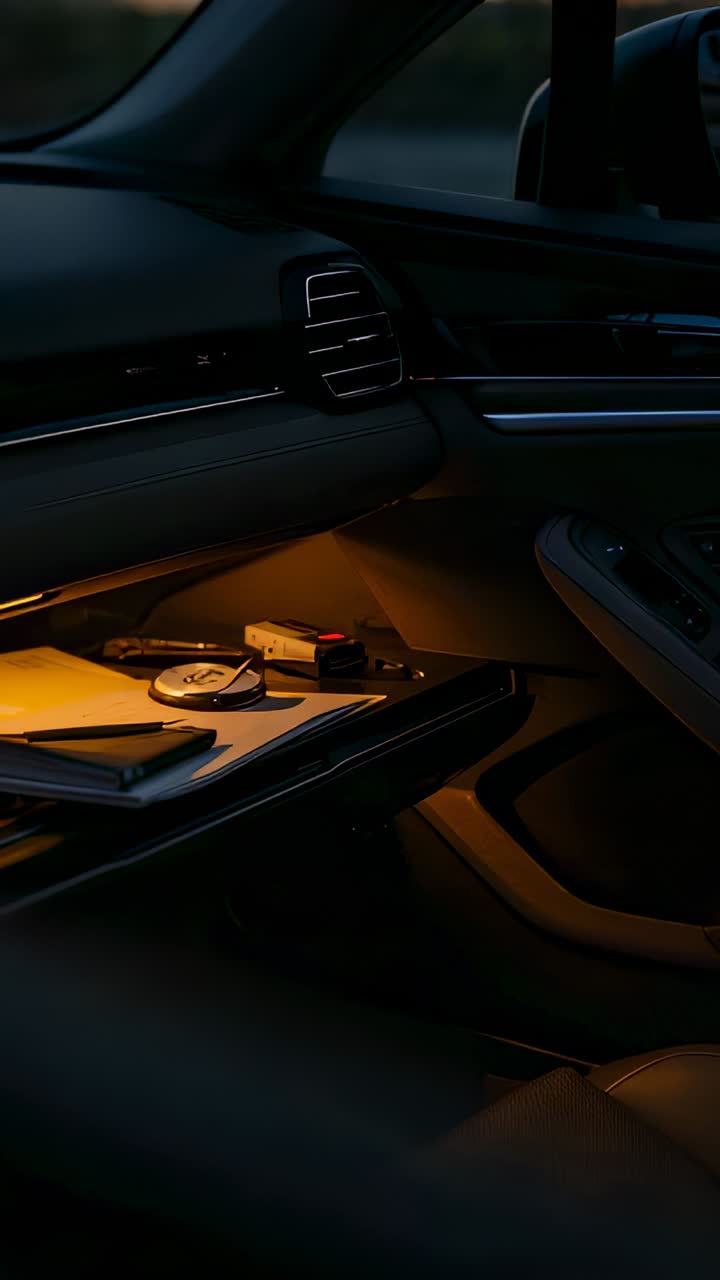 Vertical video: Dusk causing warm interior lamp bathing open passenger tray, revealing phone, keys