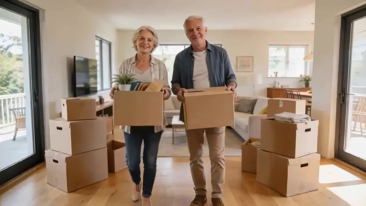Move starting senior couple carrying boxes into living room, holding plant and books in casual wear