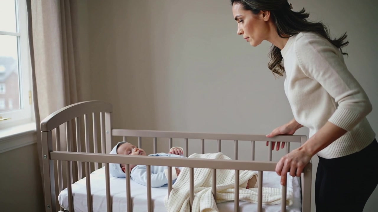 Entering mother in cream sweater leaning over crib in nursery, tucking blanket, caring for baby