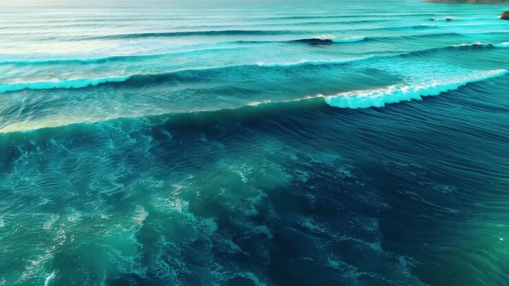 Vista aerea di onde oceaniche turchesi che si infrangono verso la riva