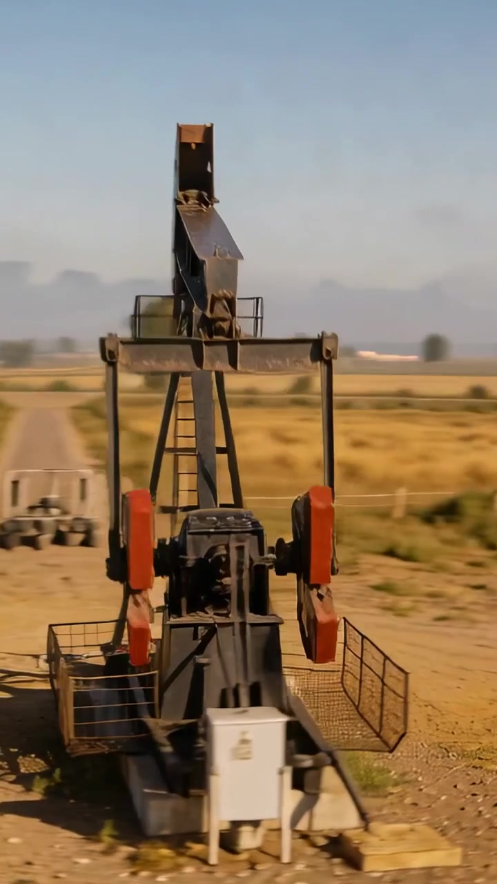 Vertical video: Operating pumpjack rocking beam and horsehead on pad in dry field, pumping oil