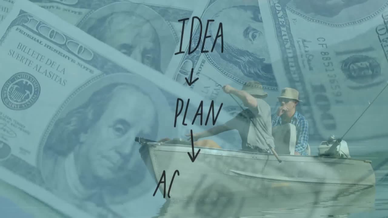 아이디어 계획, 행동 텍스트, 그리고 은행 지폐를 잡는 백인 남성들의 애니메이션