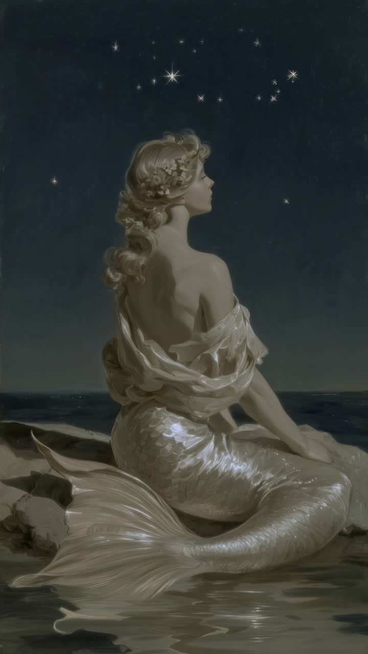 Elegante sirena sotto un cielo stellato, vista laterale. Accattivante concept di video fantasy. Mobile live
