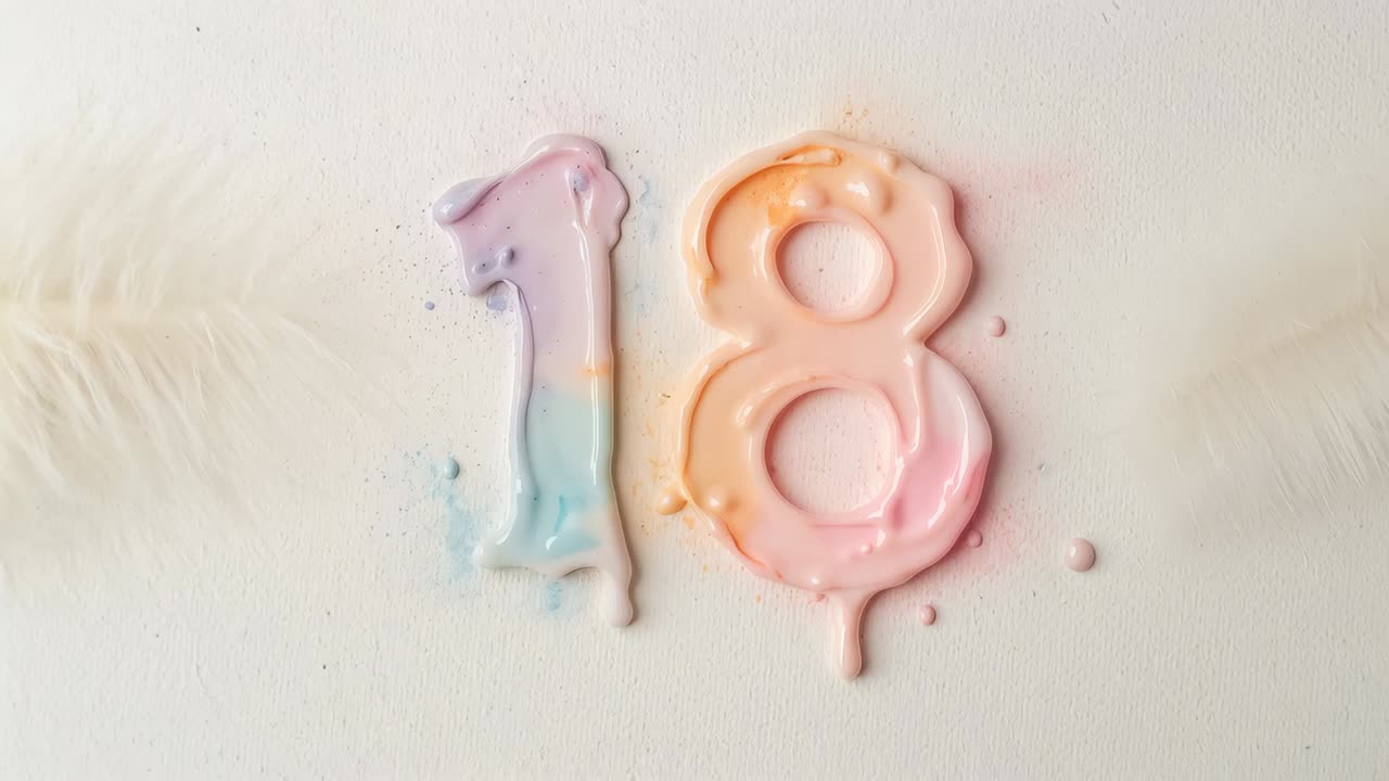 Shifting fresh numerals '1' and '8' in pastel paint settling from gravity, forming drips on sheet