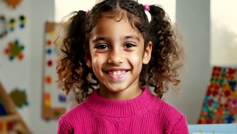 a young girl with curly hair smiles for the camera in a studio portrait.