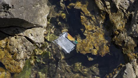 visible floating plastic in stuck waters in rocks of croatia