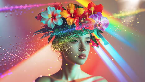 woman with vibrant flower crown and rainbow light effects