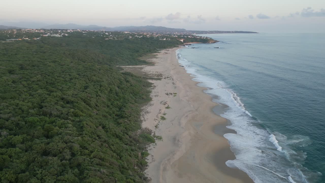 paisaje panorámico de drones playa no contaminada línea costera bosque en bacocho méxico, puerto escondido