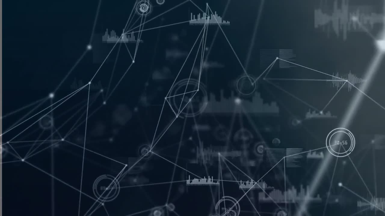 Animation of spinning network of connections and data processing against blue background