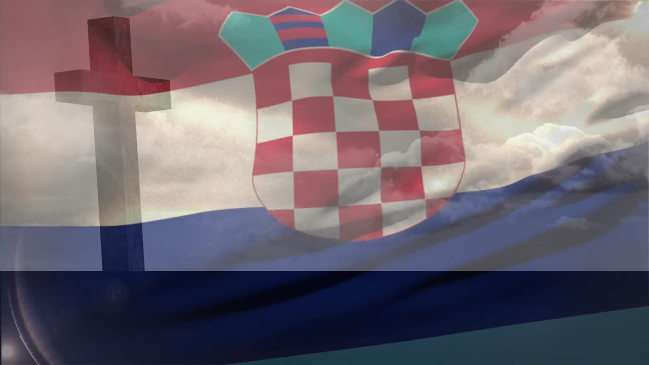 Waving Croatian flag with coat of arms against cloudy sky backdrop animation