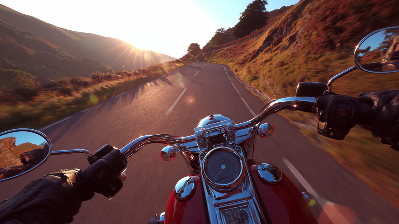 Motorcyclist navigating scenic road through mountains at sunset