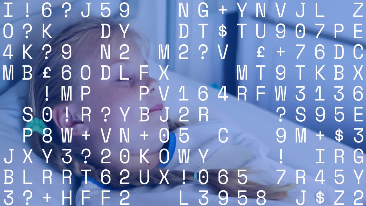 Girl lying in hospital bed wearing gown green earmuffs, while health tech characters glitching