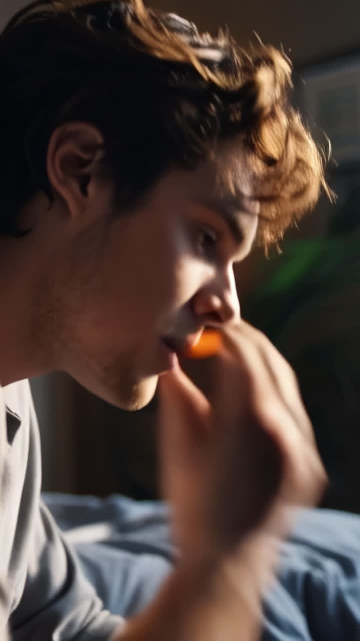 Young man rests his head, eyes closed. Sunlight softly glows through window curtains. He grips his hair, expression pensive. Emotionally drained, he faces quiet morning. Ideal for scenes of solitude