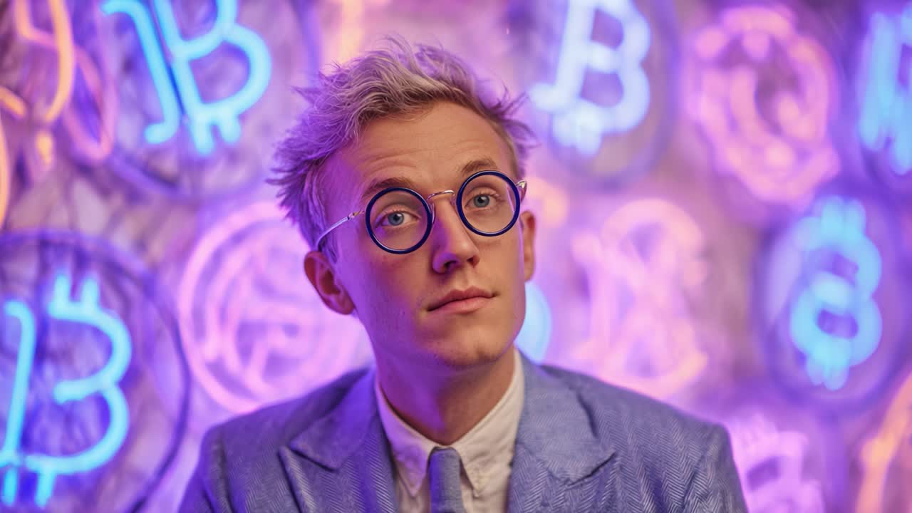 Mietteliäs henkilö poseeraa kryptovaluuttasymboleita sisältävien, eloisten neonkylttien taustaa vasten, mikä esittelee muodin ja modernin finanssikulttuurin sekoituksen.