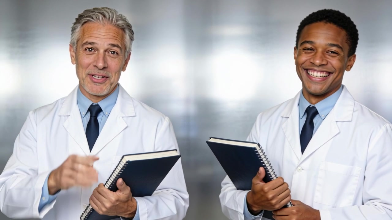 Exchanging look, senior doctor and peer sharing joke in clinic in lab coats, holding dark notebooks
