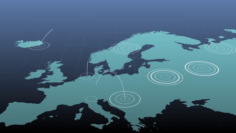 blue map of europe with radiating white concentric circles spreading between territories on dark blu