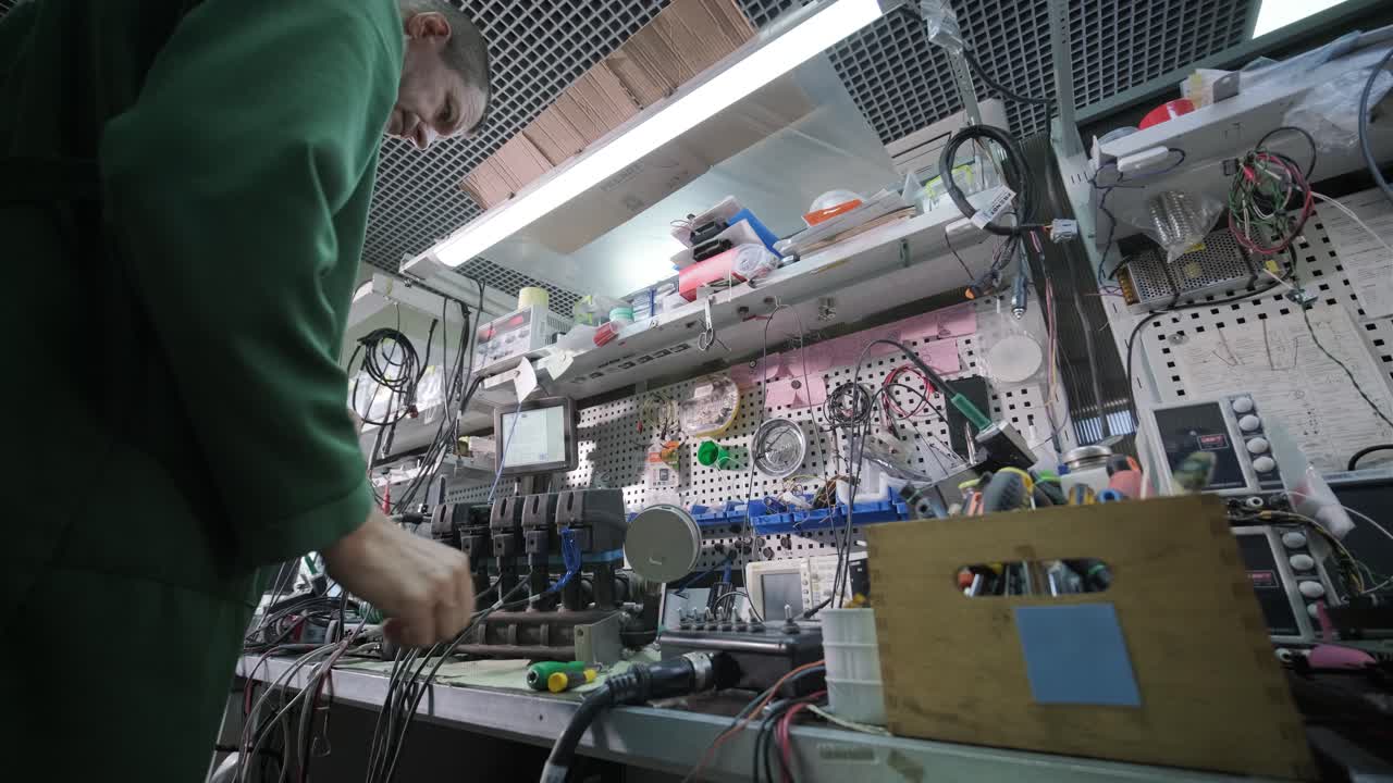 전자 장비 수리 공장 - 엔지니어 기술자가 현미경 아래 전자 장치의 인쇄 회로 보드를 용접합니다.