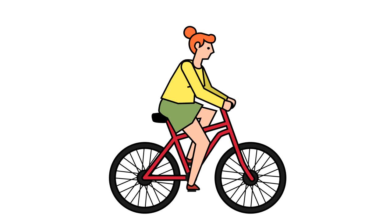 선형 스타일의 평평한 스틱 피그 픽토그램 색상 여성 소녀 캐릭터 자전거 라이더 사이클링 애니메이션 루마 매트