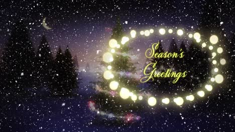 animation of snow falling over season's greetings text with christmas tree and winter landscape
