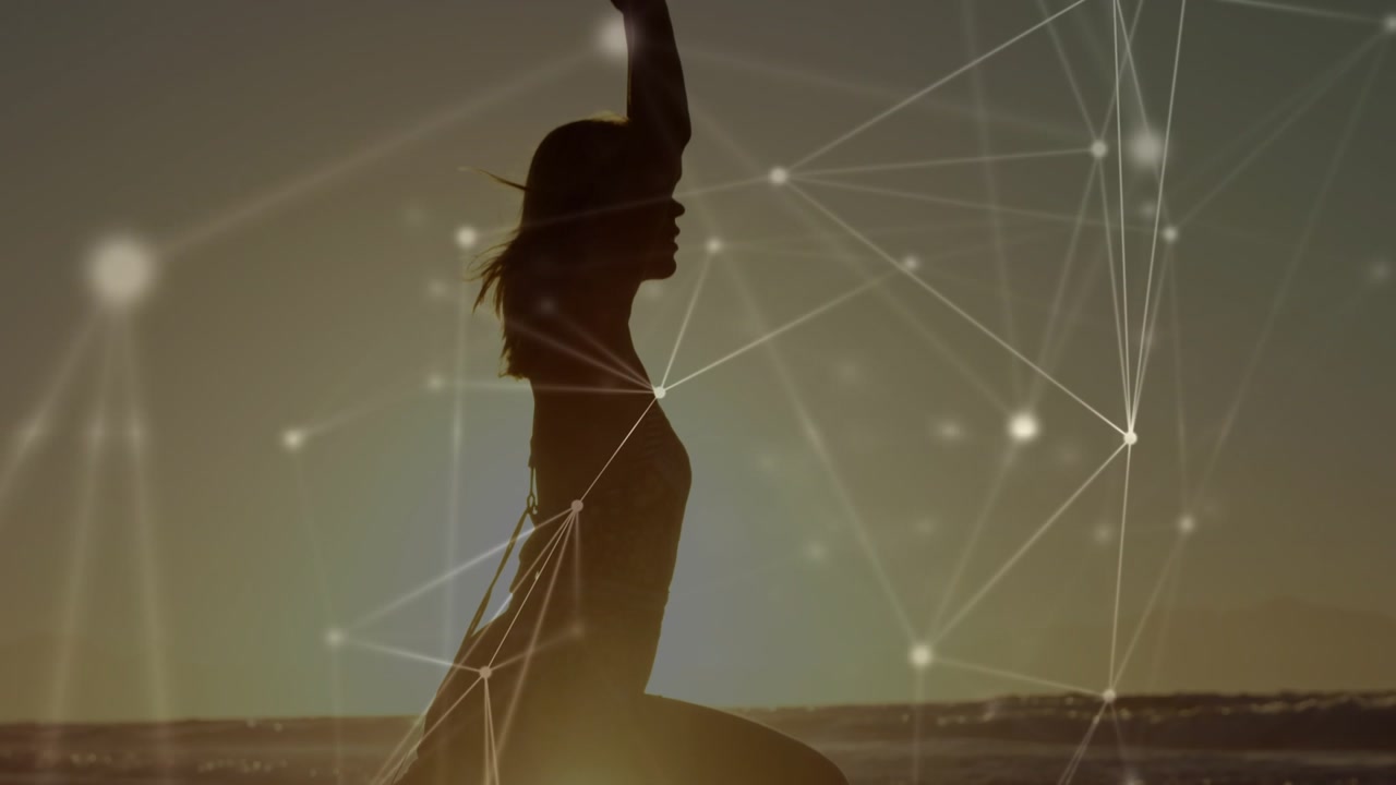 Woman rising from low lunge on beach, sunlight initiating movement, network lines tracing yoga pose