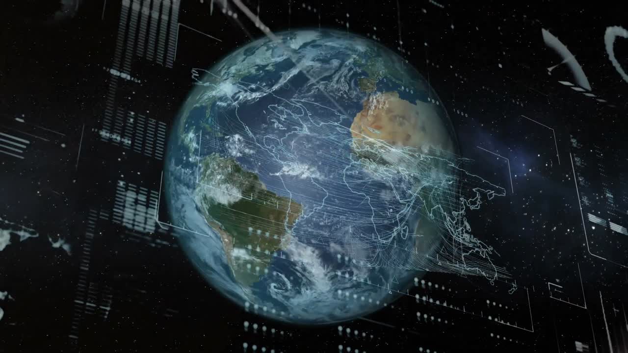 Digital interface with data processing against spot of light and globe rotating in space