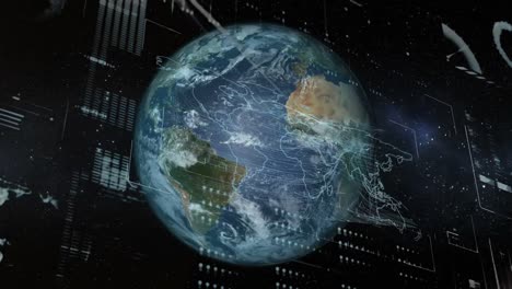 interfaz digital con procesamiento de datos contra el punto de luz y el globo girando en el espacio