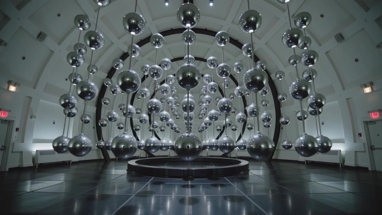 Moving camera revealing suspended chrome-sphere sculpture in domed gallery, to reveal detail
