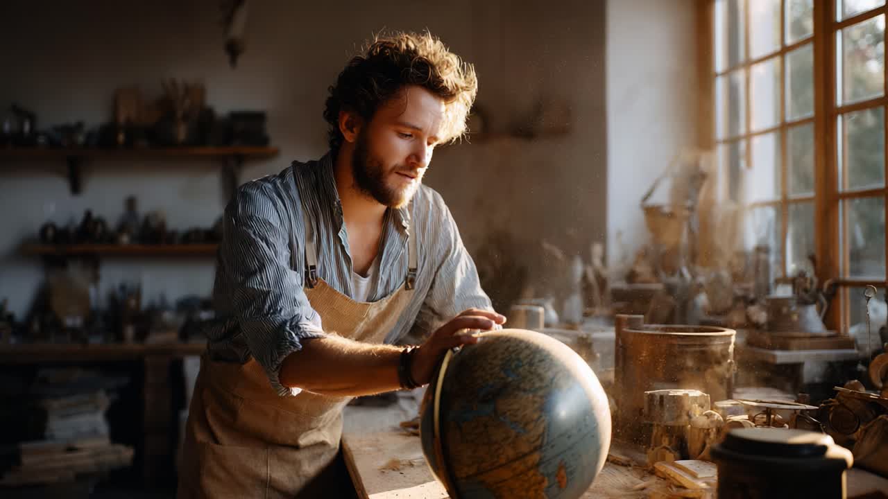 Un artigiano in un laboratorio esamina delicatamente un mappamondo, circondato da strumenti e luce solare, evidenziando la passione per l'arte e l'esplorazione in uno spazio creativo