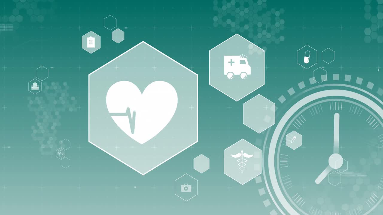 reloj de movimiento rápido sobre el corazón latente y iconos médicos en fondo verde