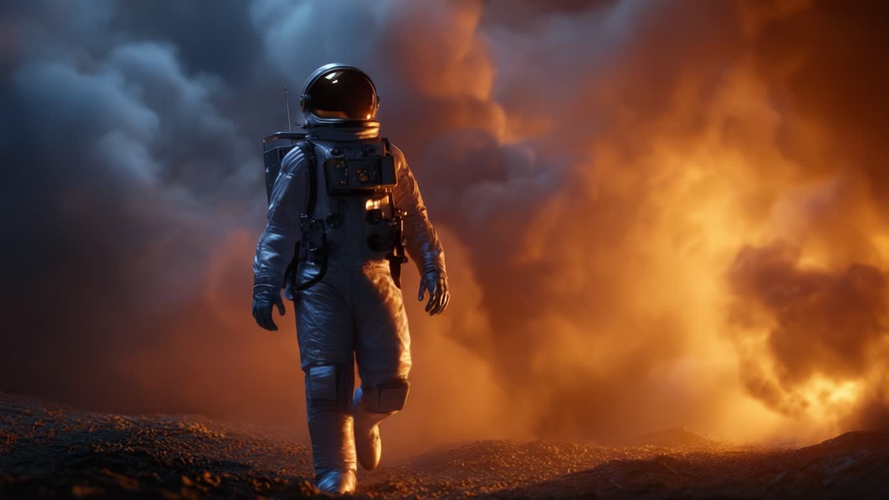 Astronot Menjelajahi Medan Berapi di Bawah Langit Dramatis dalam Perjalanan Berisiko Tinggi Melintasi Lanskap Kosmik Tak Terjamah yang Dipenuhi Asap dan Letusan.