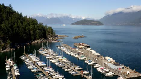 Sailboat-And-Yachts-Moored-At-Public-Dock-In-Horseshoe-Bay-In-Howe-Sound,-West-Vancouver,-BC,-Canada