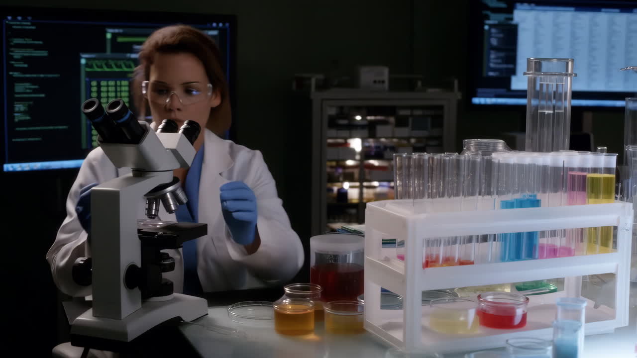 A woman conducts research in a laboratory using a microscope
