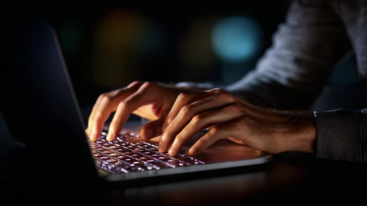 Een paar frames die de complexe handeling laten zien van iemand die 's nachts op een laptoptoetsenbord typt, verlicht door de zachte gloed van het scherm, waarbij de botsing van technologie en menselijke interactie wordt benadrukt