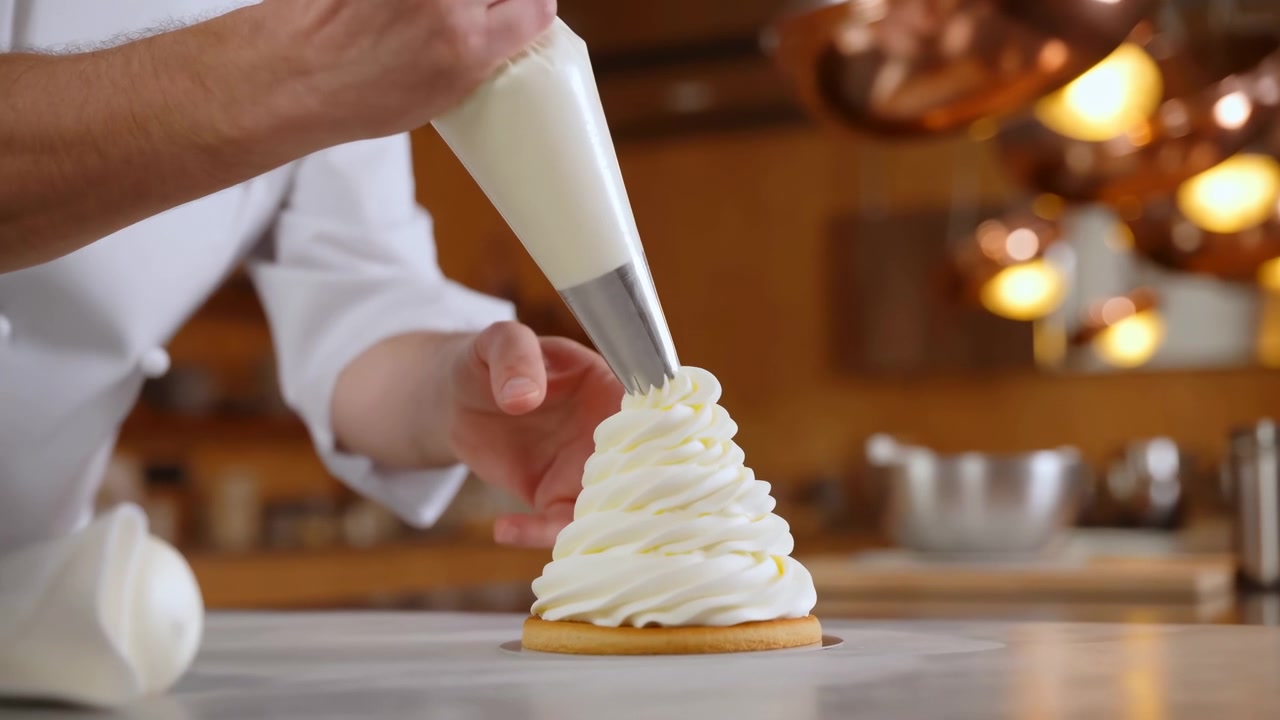 Close-up of pastry chef hands squeezing pastry bag and guiding large metal nozzle to pipe tall layered spiral of white whipped cream onto round golden-brown cookie on parchment in warm kitchen light